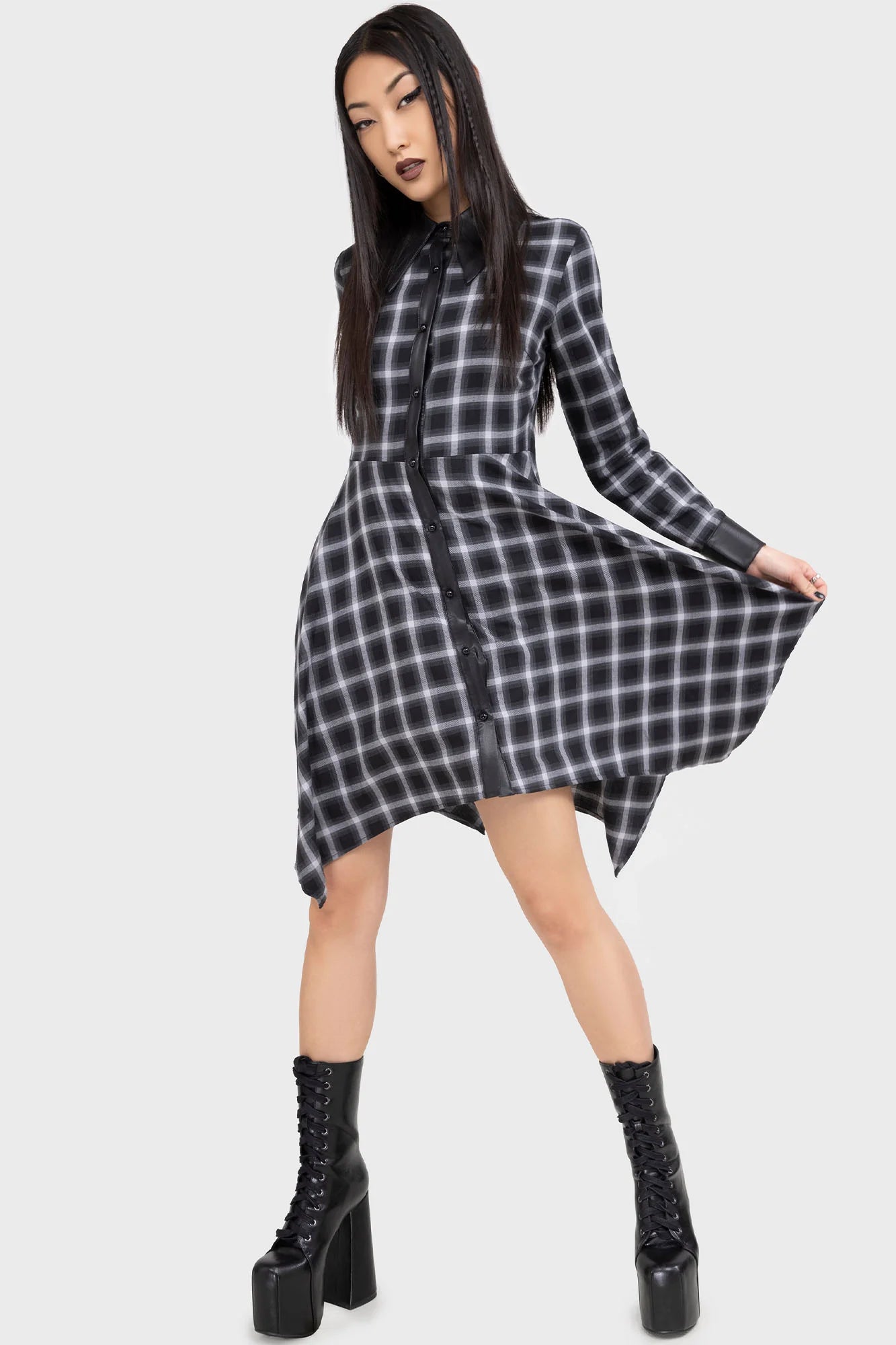 【KILL STAR】Artem Shirt Dress*タータンチェック柄フェイクレザー切替シャツドレス