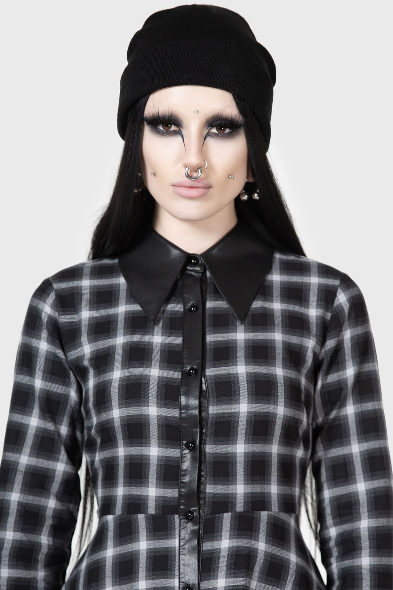 【KILL STAR】Artem Shirt Dress*タータンチェック柄フェイクレザー切替シャツドレス
