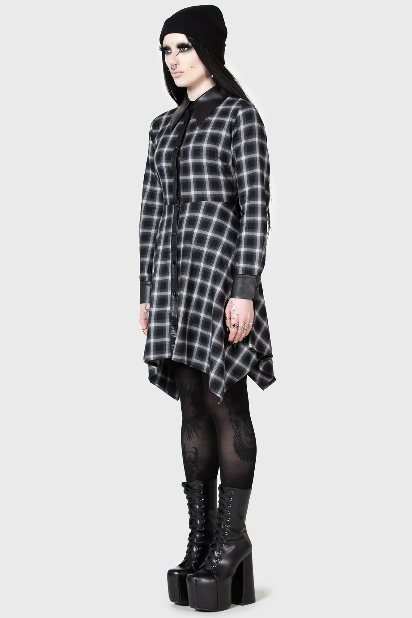 【KILL STAR】Artem Shirt Dress*タータンチェック柄フェイクレザー切替シャツドレス