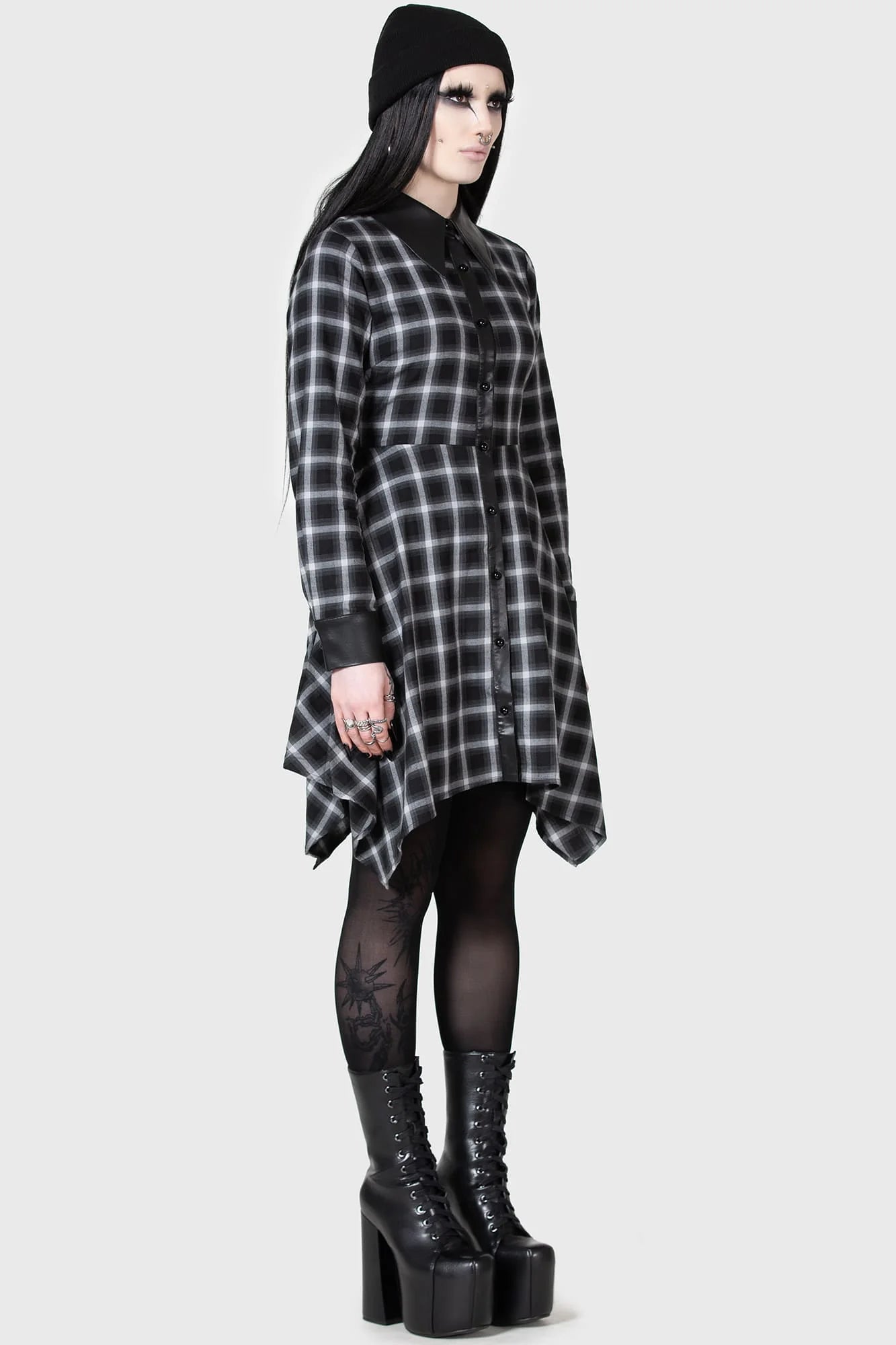 【KILL STAR】Artem Shirt Dress*タータンチェック柄フェイクレザー切替シャツドレス