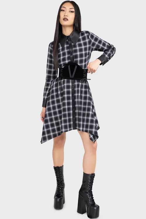 【KILL STAR】Artem Shirt Dress*タータンチェック柄フェイクレザー切替シャツドレス