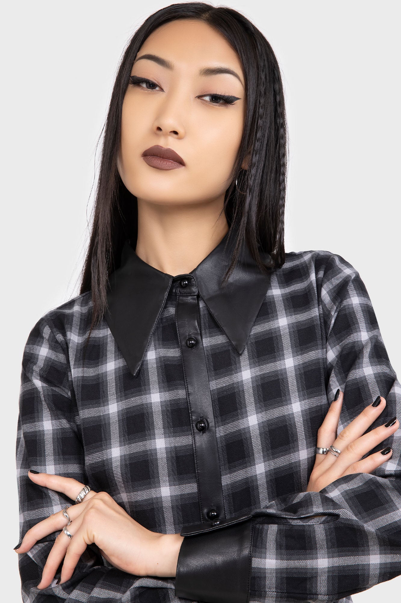 【KILL STAR】Artem Shirt Dress*タータンチェック柄フェイクレザー切替シャツドレス
