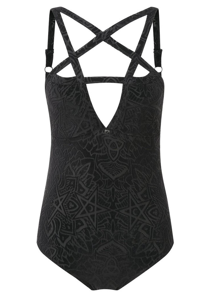 【KILL STAR】BURN BABY BURN BODY SUIT*オカルト柄ベルベットボディスーツ-SIZE:XL