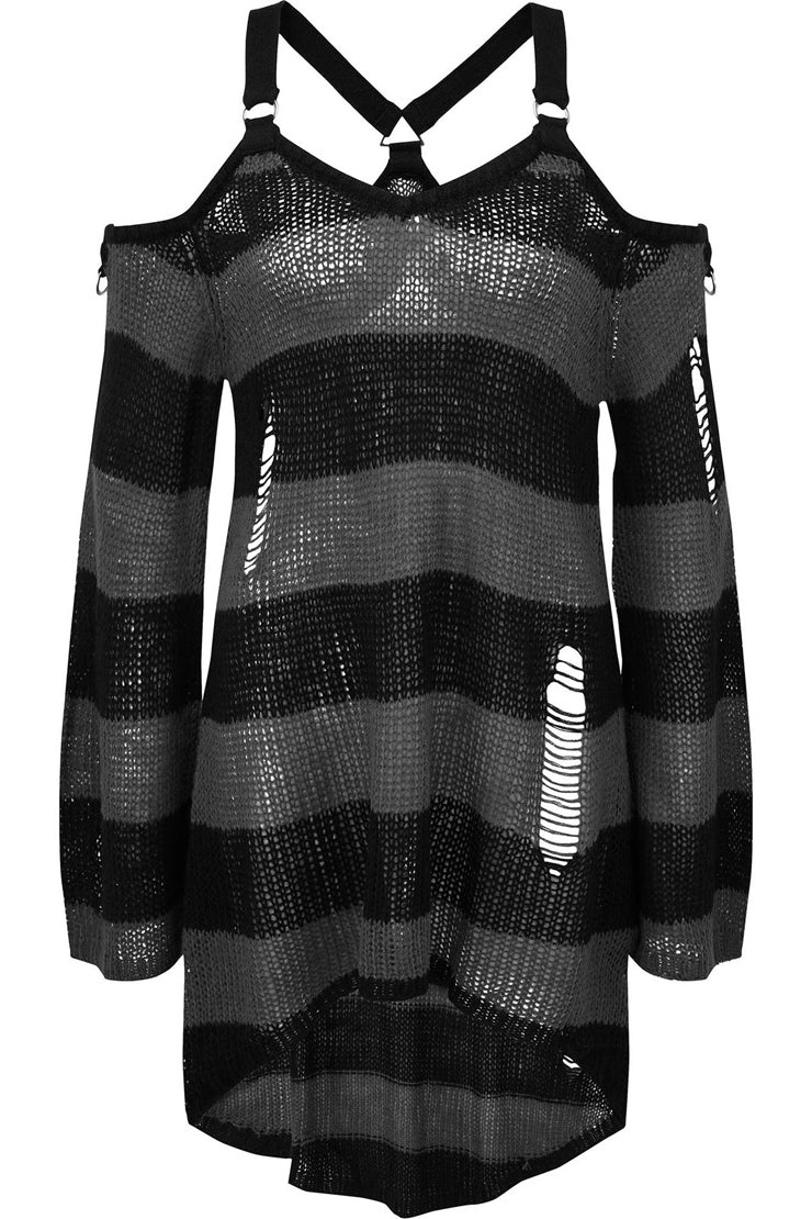 【KILL STAR】JOAN KNIT TUNIC*ダメージ加工コールドショルダーボーダーニット-SIZE:XL