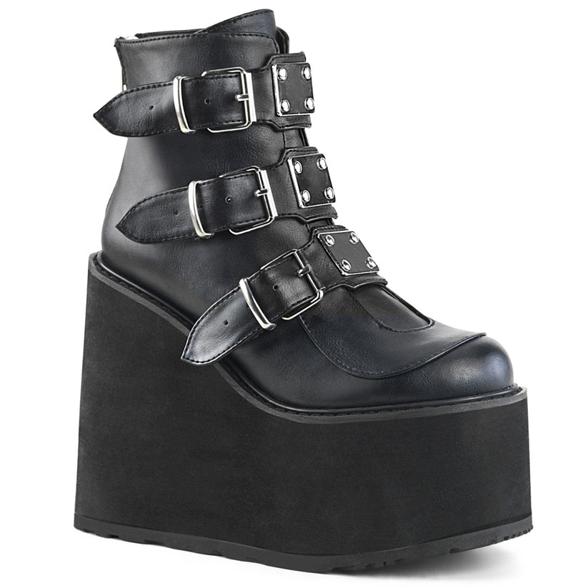 【DEMONIA】3段メタルバックル厚底アンクルブーツ-US7(23.5-24cm)