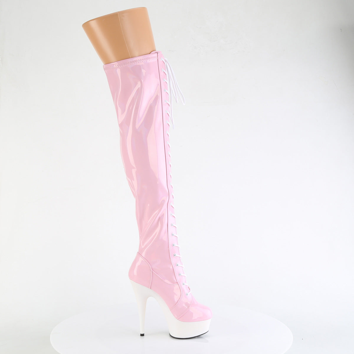 【PLEASER】DELIGHT-3029 シューズ B. Pink Str Hologram Pat/Wht Matte【取寄】