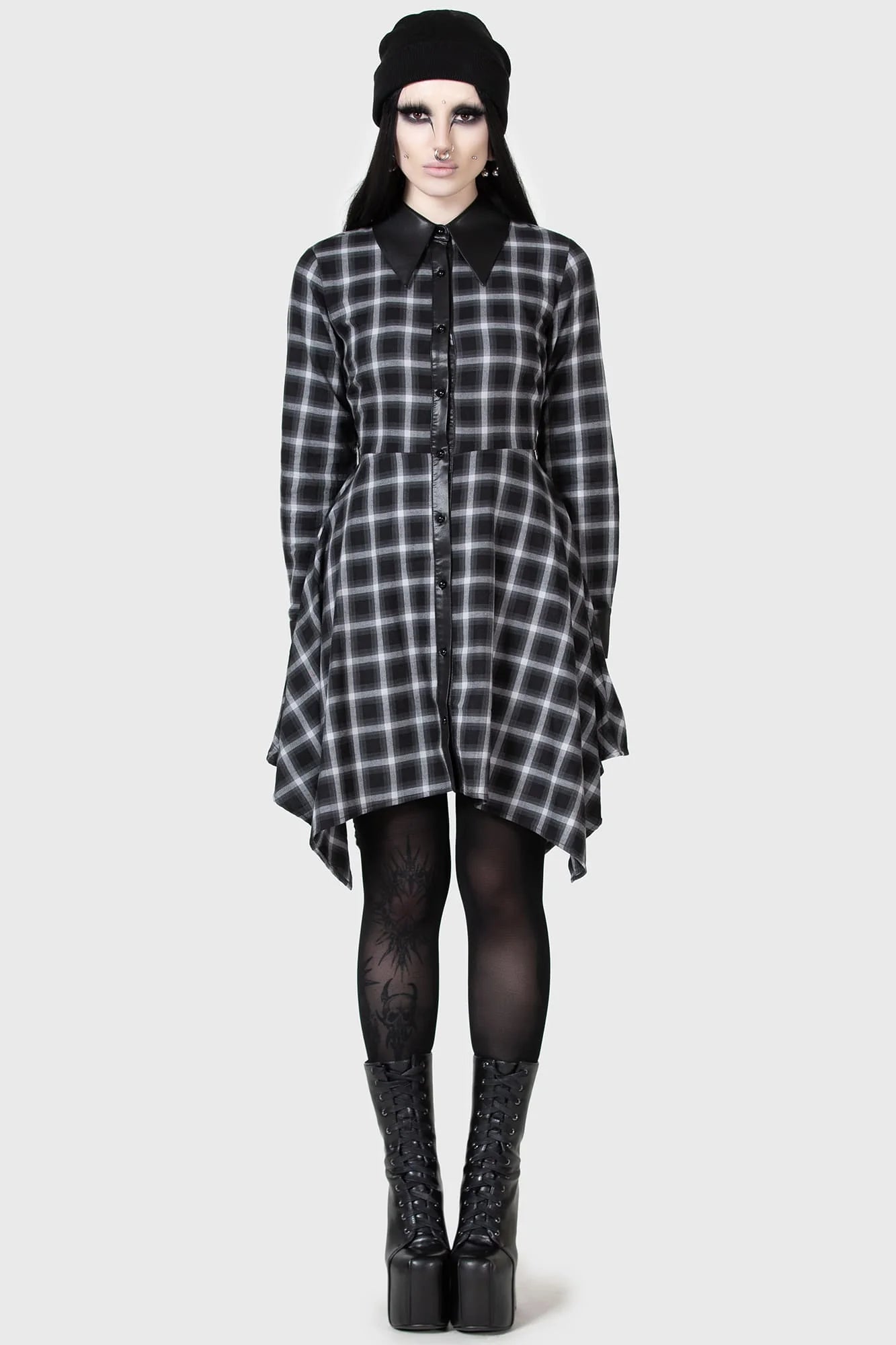 【KILL STAR】Artem Shirt Dress＊タータンチェック柄フェイクレザー切替シャツドレス