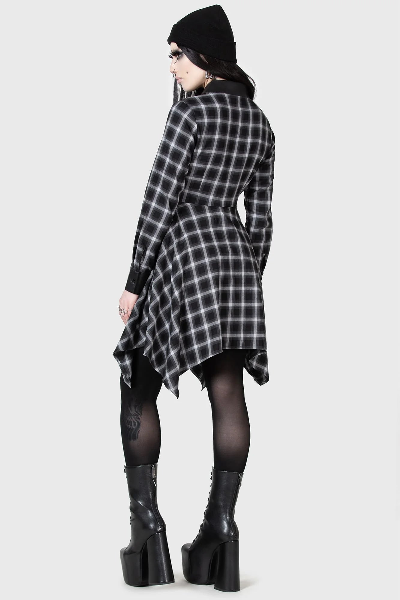 【KILL STAR】Artem Shirt Dress＊タータンチェック柄フェイクレザー切替シャツドレス