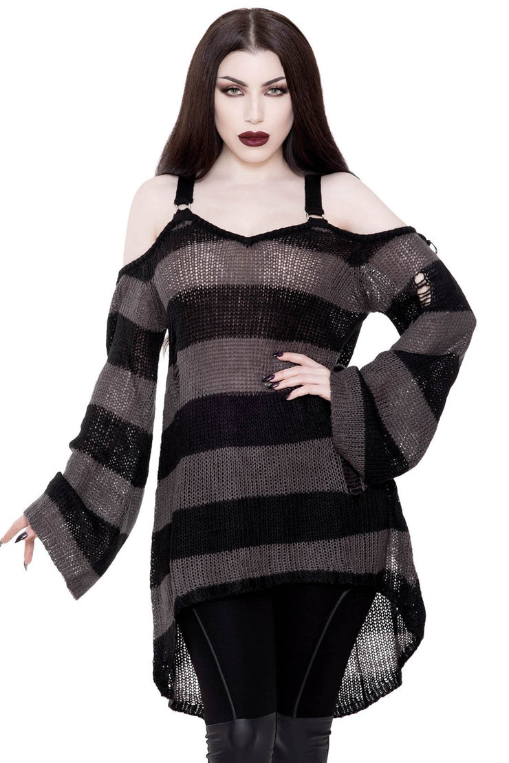 【KILL STAR】JOAN KNIT TUNIC＊ダメージ加工コールドショルダーボーダーニット-SIZE:XL