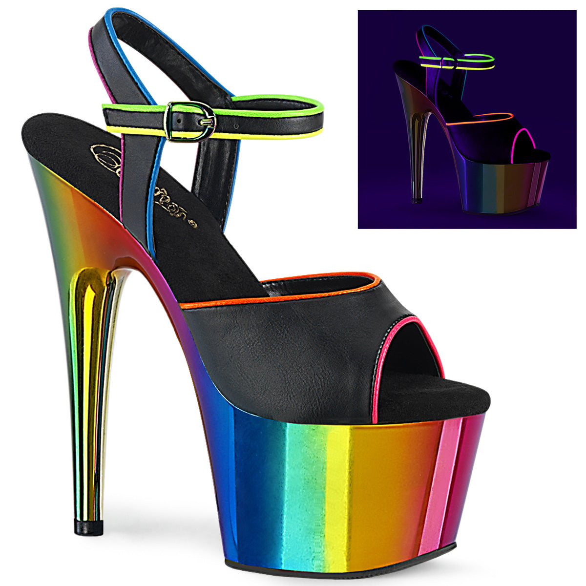 【PLEASER】ADORE-709RC-02 シューズ Blk Faux Leather/Rainbow Chrome【取寄】