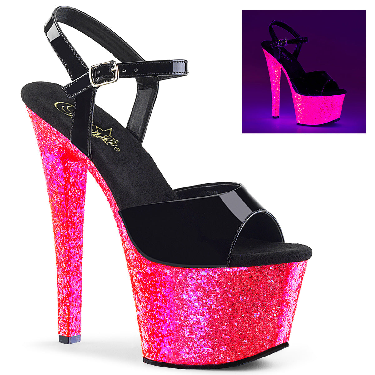 【PLEASER】SKY-309UVLG シューズ Blk Pat/Neon H. Pink Glitter【取寄】