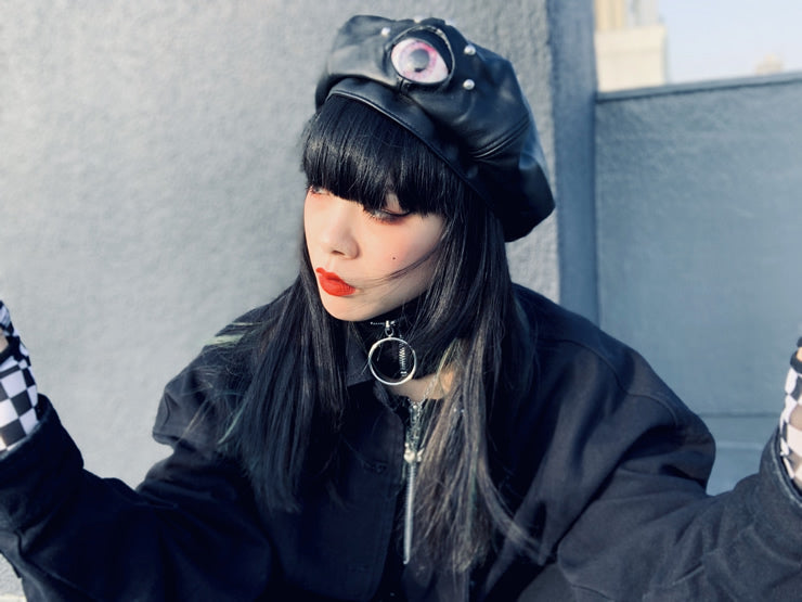 EYE PANEL LEATHER BERET-CAT/BLUE